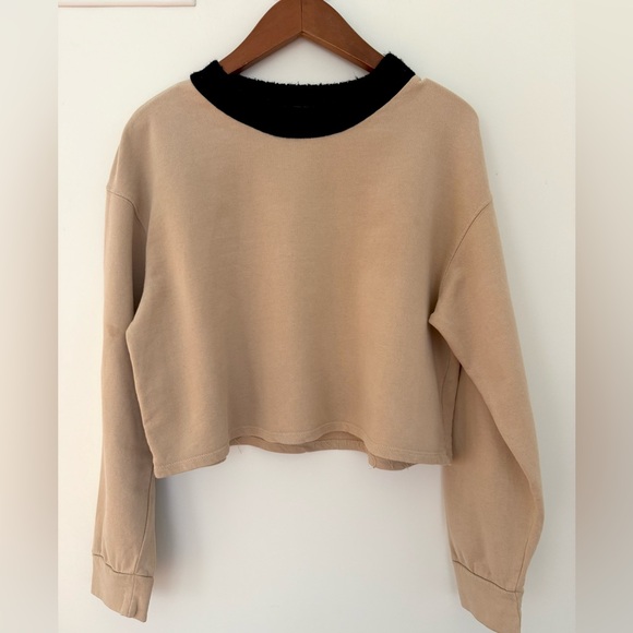Zara Women Sweatshirt Beige Tan Cropped Sweater Black Mock Neck Collar Size S - Picture 1 of 10